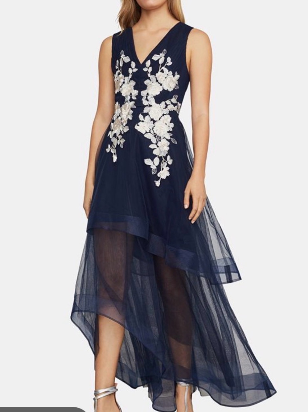 BCBGMAXAZRIA Navy Blue Floral Embroidered Tulle Dress Gown